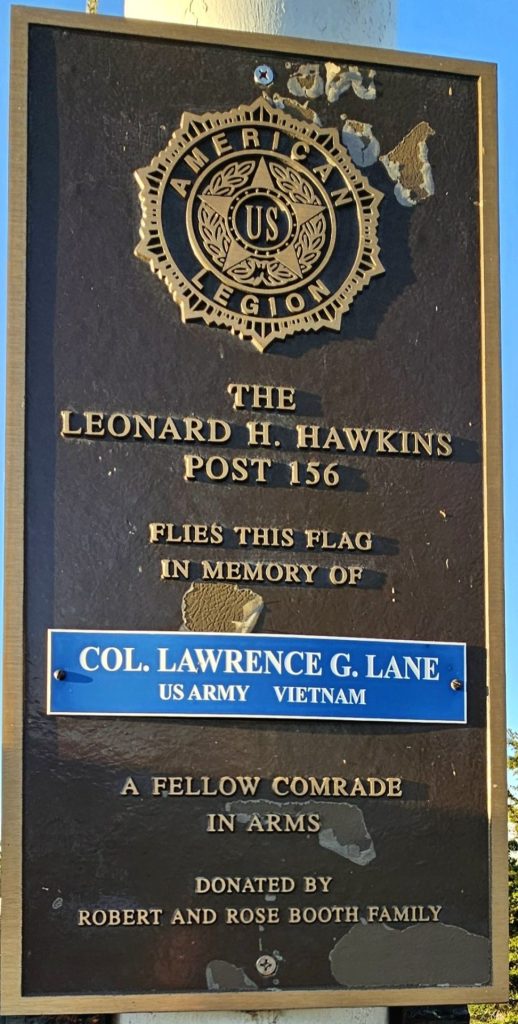 COL. LAWRENCE G. LANE WAR MEMORIAL FLAGPOLE PLAQUE