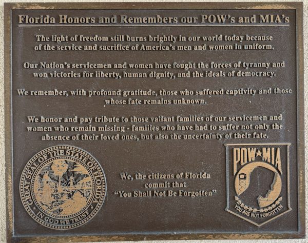 FLORIDA HONORS AND REMEMBERS OUR POW’S AND MIA’S MEMORIAL PLAQUE RUSKIN
