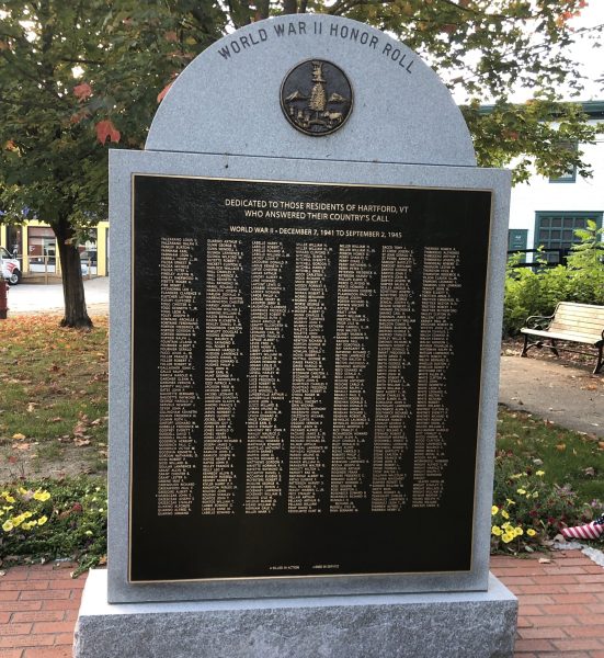 HARTFORD, VT WORLD WAR HONOR ROLL MEMORIAL BACK