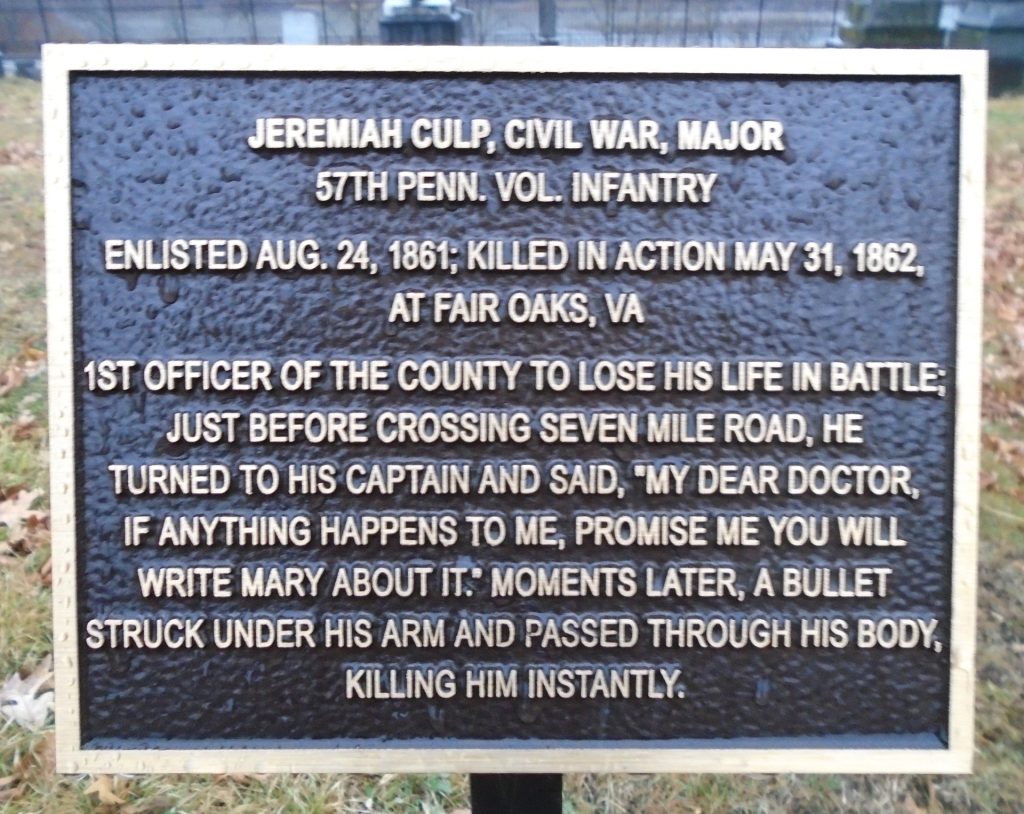 JEREMIAH CULP, CIVIL WAR, MAJOR MEMORIAL PLAQUE