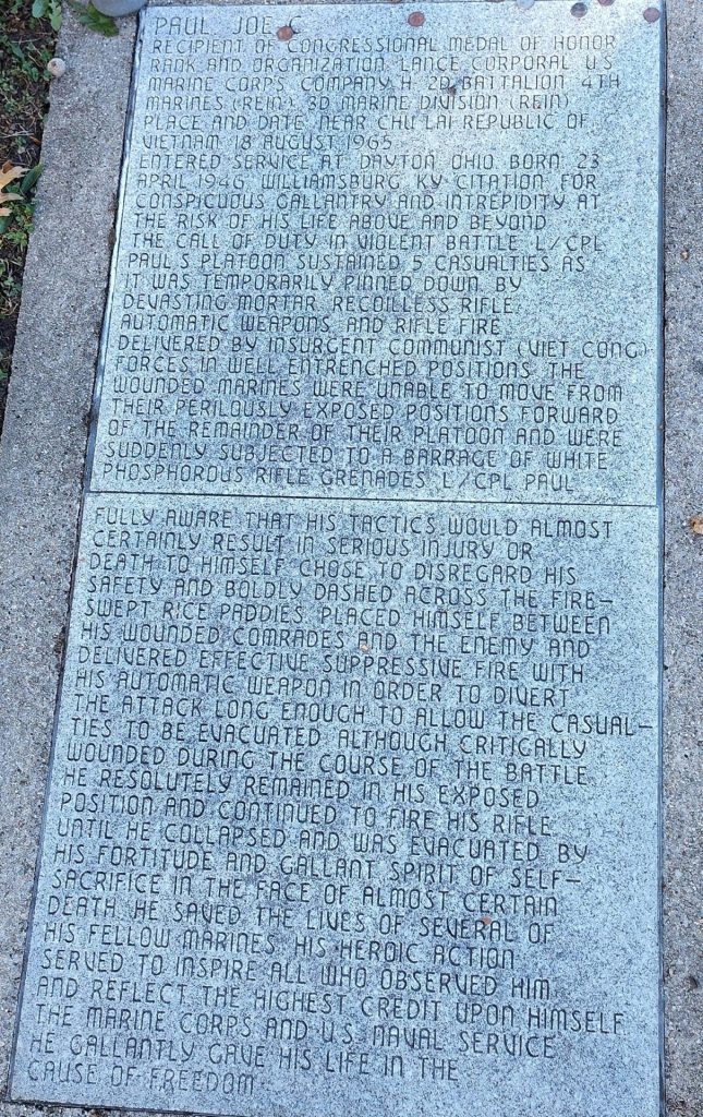 JOE CALVIN PAUL MEDAL OF HONOR WAR MEMORIAL PLAQUE