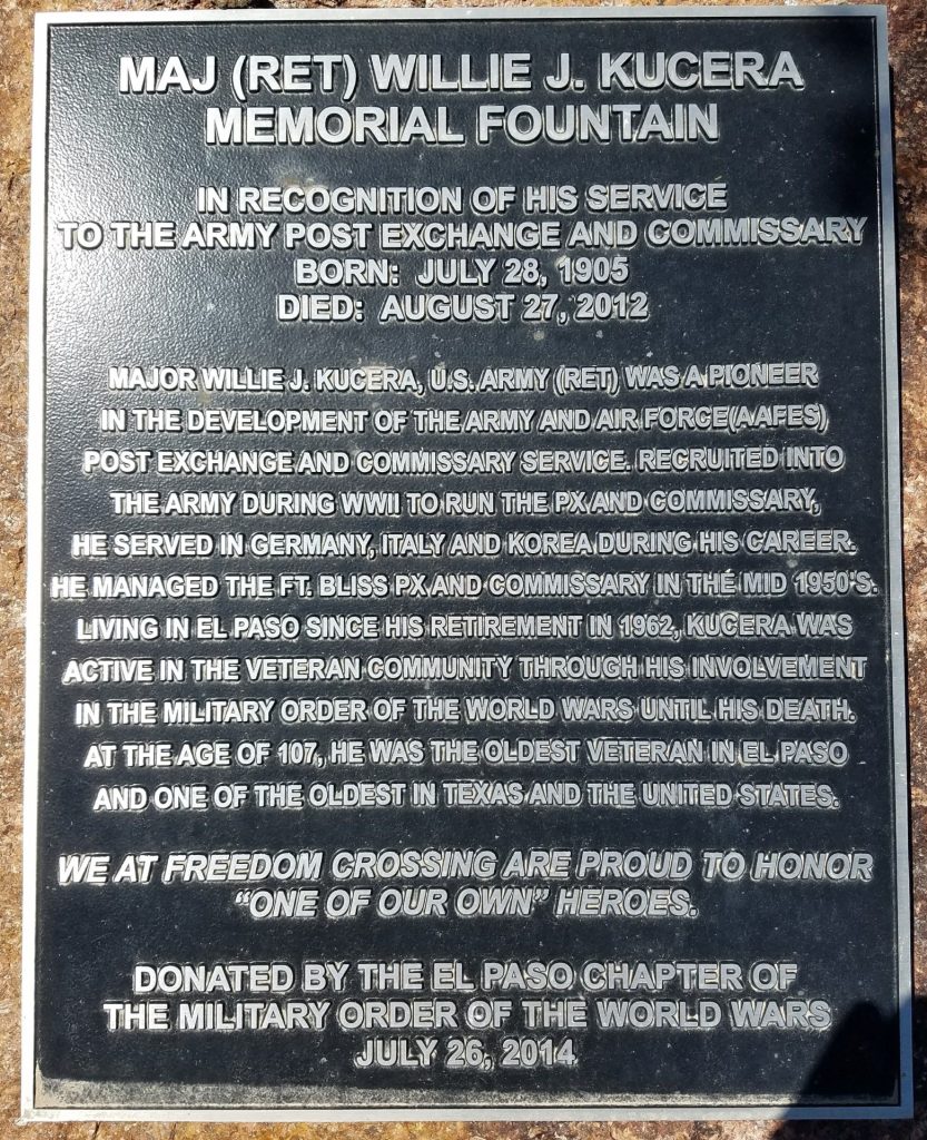 MAJ (RET) WILLIE J. KUCERA MEMORIAL FOUNTAIN PLAQUE