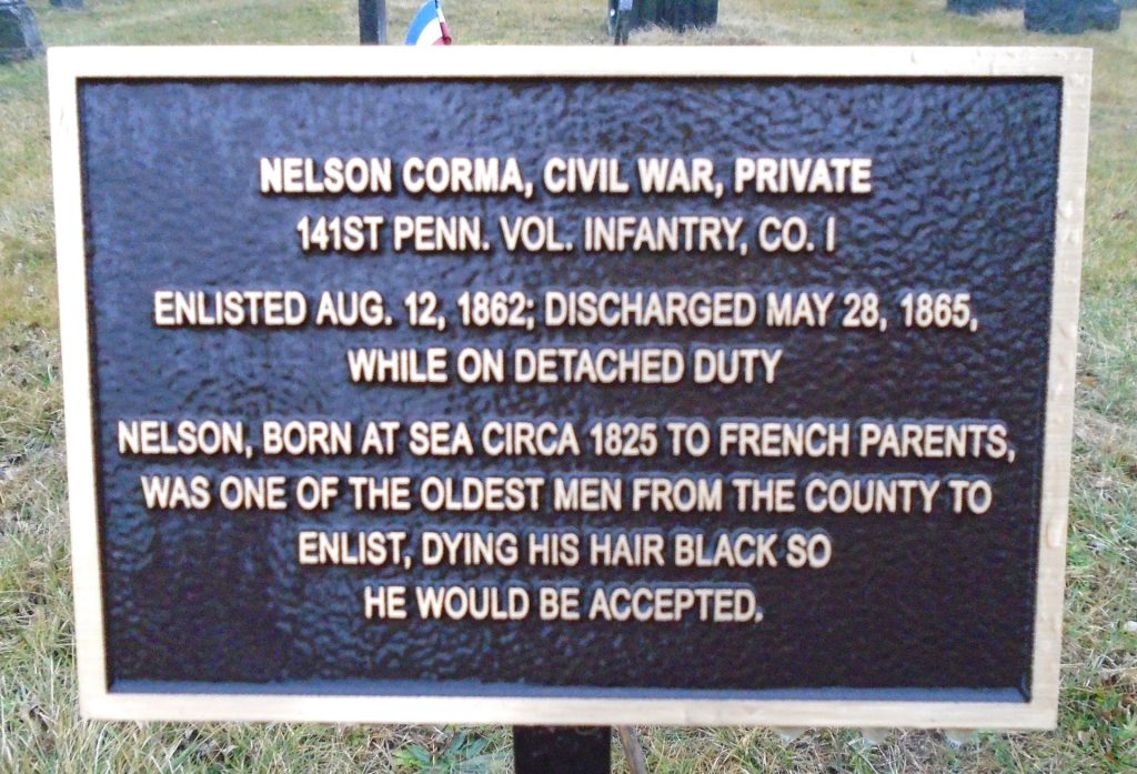 NELSON CORMA, CIVIL WAR, PRIVATE WAR MEMORIAL PLAQUE