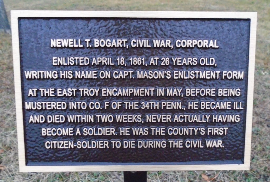NEWELL T. BOGART, CIVIL WAR, CORPORAL WAR MEMORIAL PLAQUE