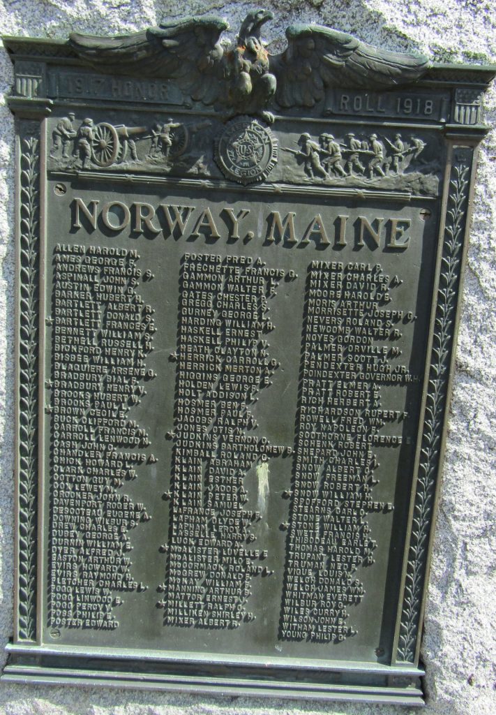 NORWAY, MAINE 1917-1918 HONOR ROLL MEMORIAL PLAQUE
