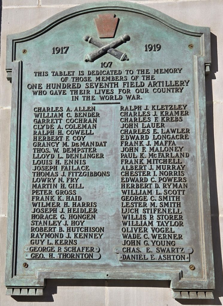 ONE HUNDRED SEVENTH FIELD ARTILLERY WORLD WAR MEMORIAL PLAQUE