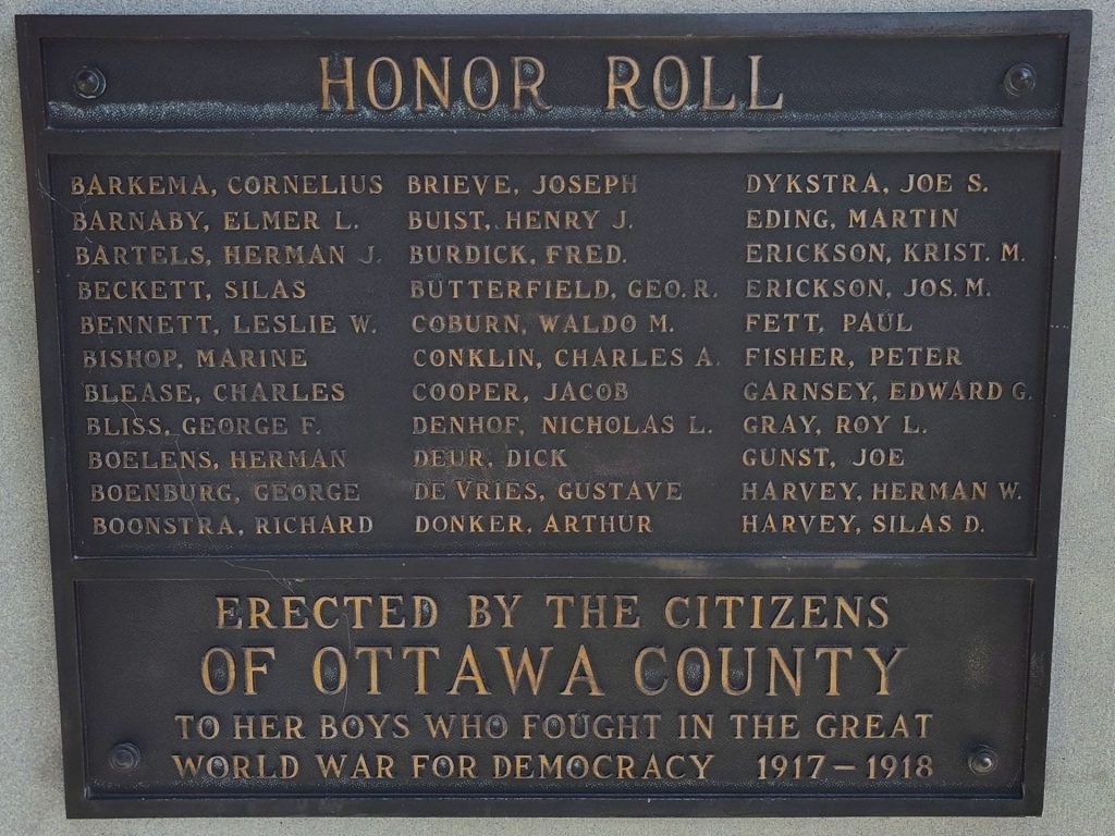OTTAWA COUNTY GREAT WORLD WAR MEMORIAL PLAQUE A