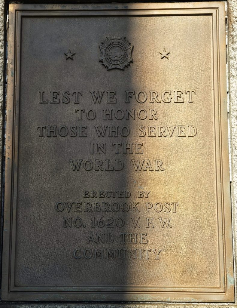 OVERBROOK POST NO. 1620 V.F.W. WORLD WAR MEMORIAL PLAQUE