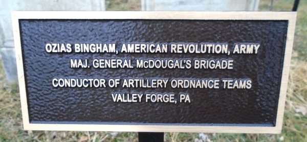 OZIAS BINGHAM, AMERICAN REVOLUTION, ARMY WAR MEMORIAL PLAQUE