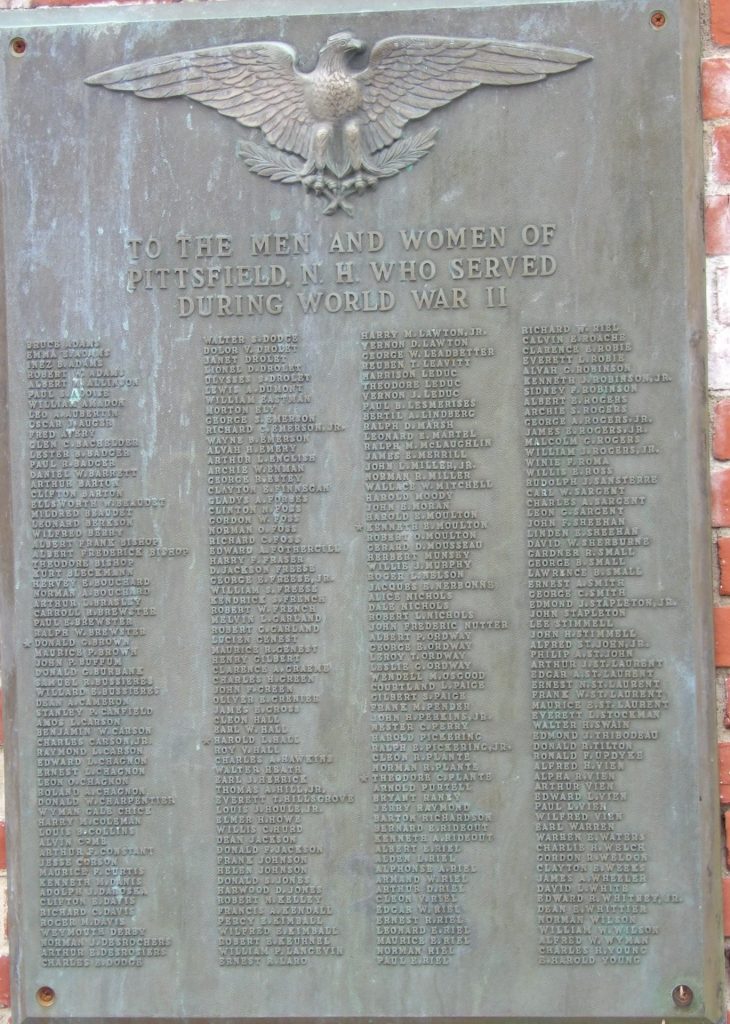 PITTSFIELD N.H. WORLD WAR II VETERANS MEMORIAL PLAQUE