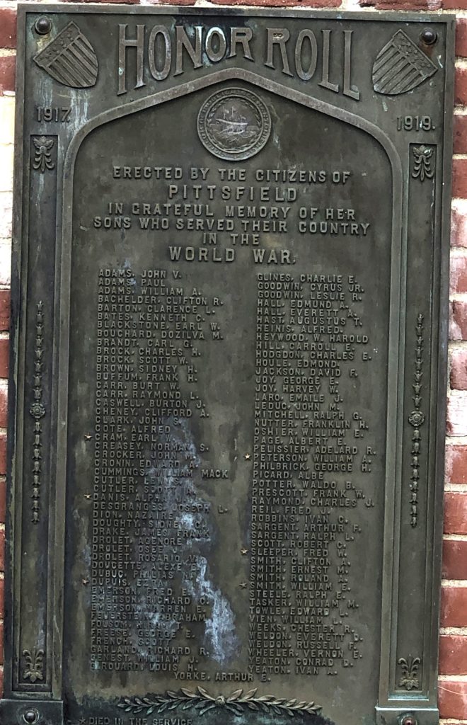PITTSFIELD NH WORLD WAR HONOR ROLL MEMORIAL PLAQUE