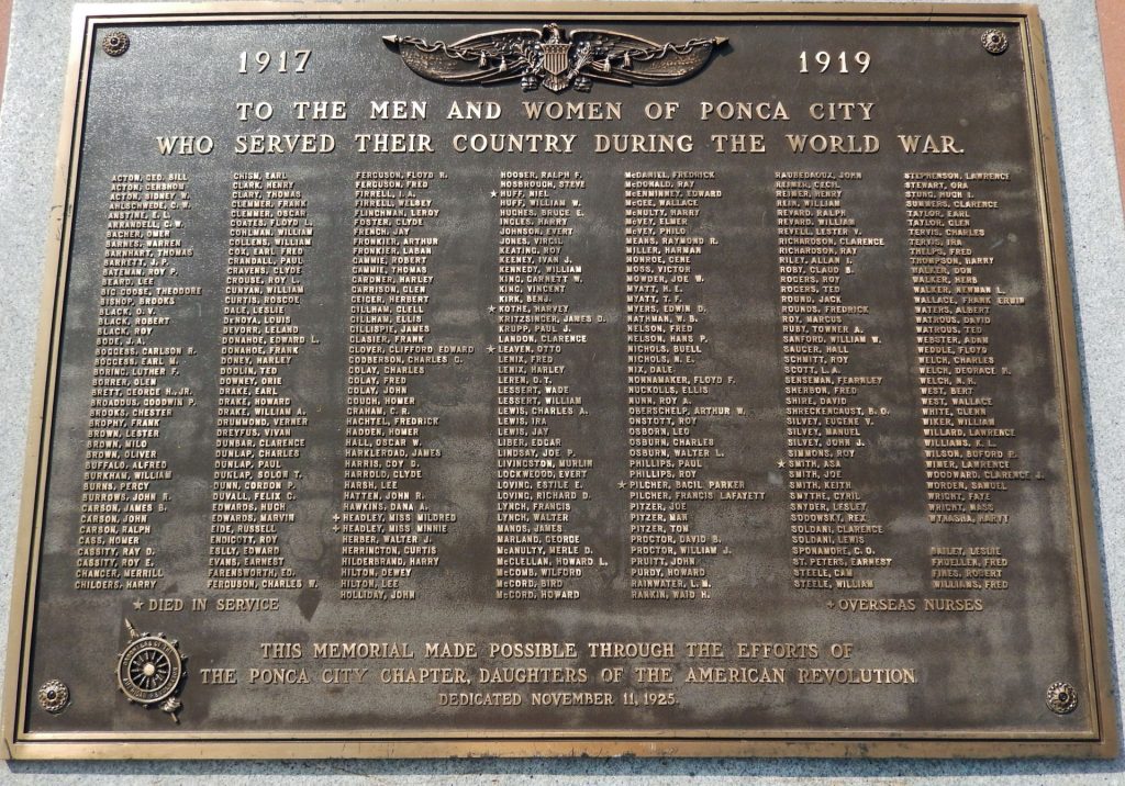 PONCA CITY WORLD WAR MEMORIAL PLAQUE