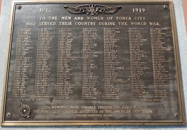 PONCA CITY WORLD WAR MEMORIAL PLAQUE