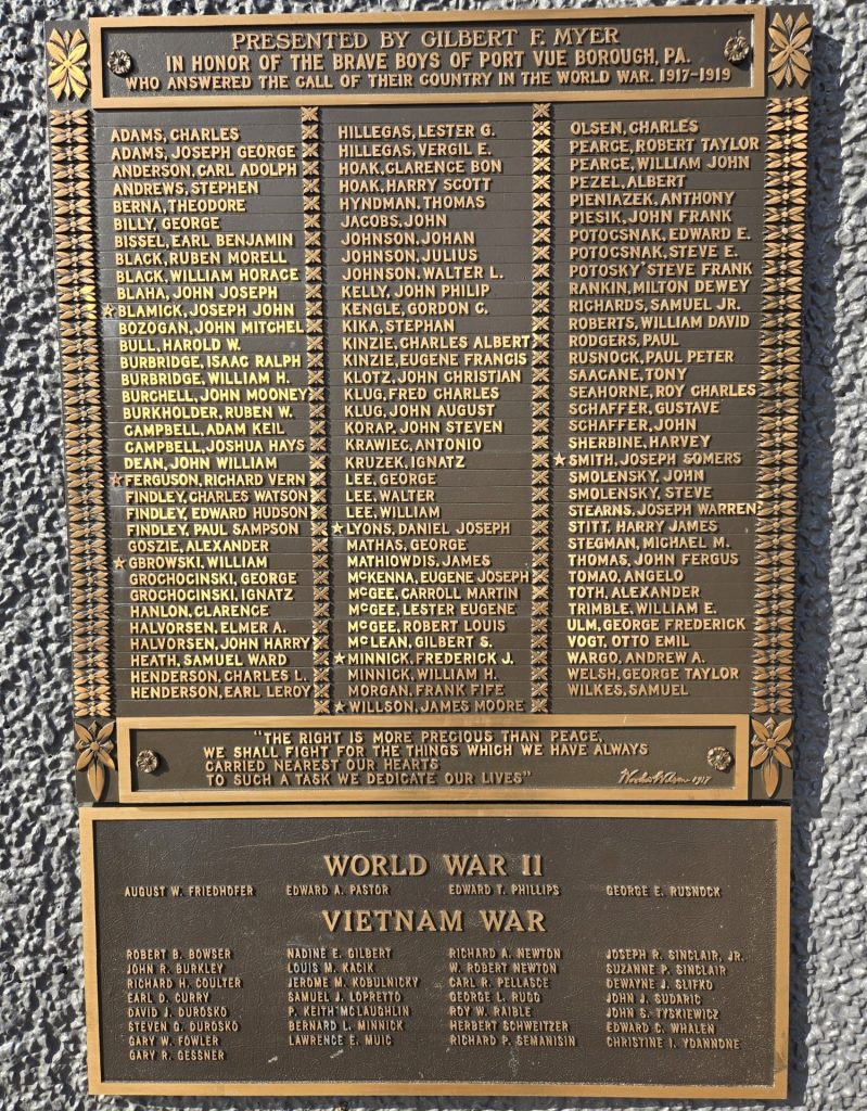 PORT VUE BOROUGH HONOR ROLL WAR MEMORIAL PLAQUE A