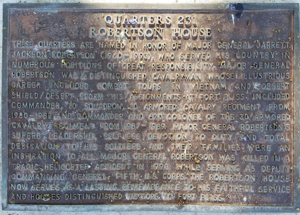 QUARTERS 231 ROBERTSON HOUSE MEMORIAL PLAQUE