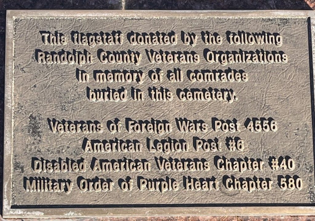 RANDOLPH COUNTY COMRADES BURIED IN THIS CEMETERY MEMORIAL PLAQUE