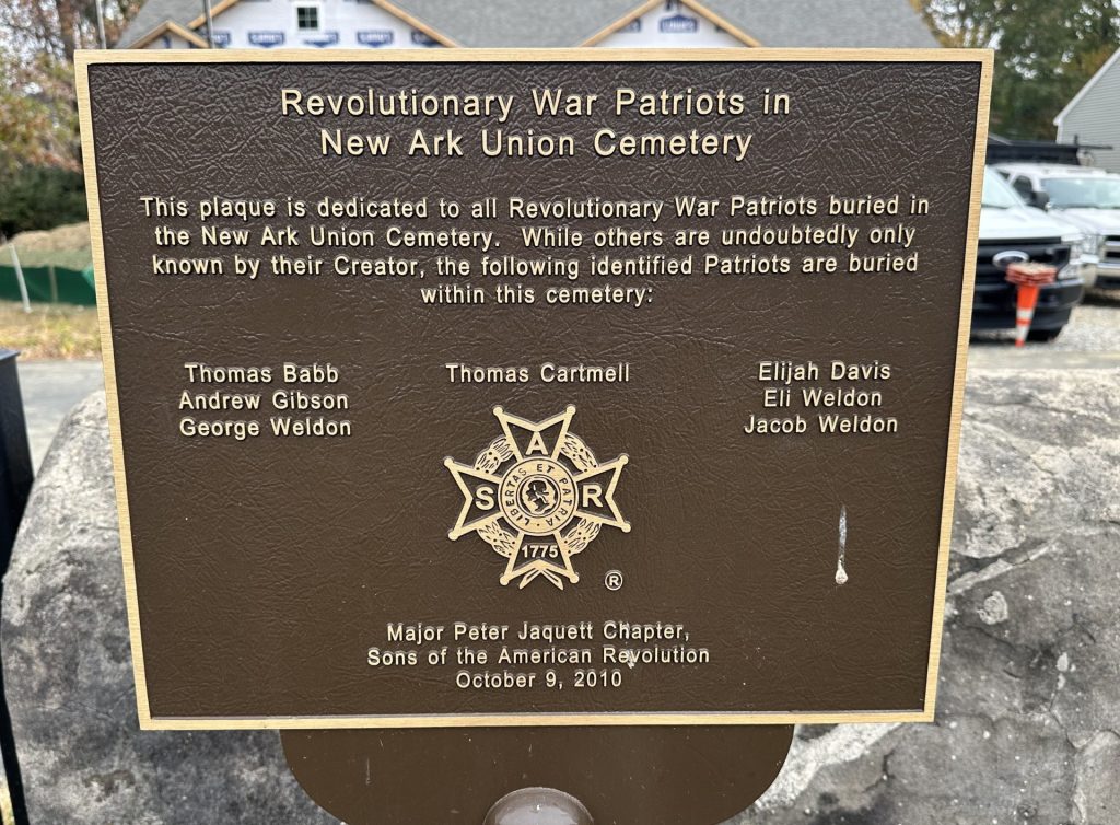 REVOLUTIONARY WAR PATRIOTS IN NEW ARK UNION CEMETERY MEMORIAL PLAQUE