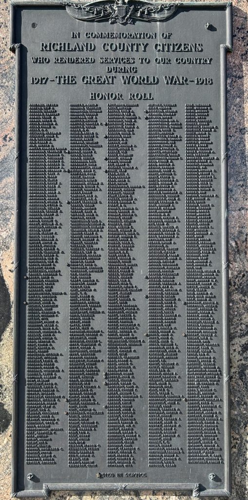 RICHLAND COUNTY THE GREAT WORLD WAR MEMORIAL PLAQUE A