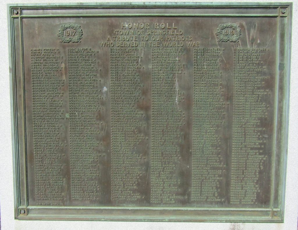 TOWN OF SPRINGFIELD WORLD WAR HONOR ROLL MEMORIAL
