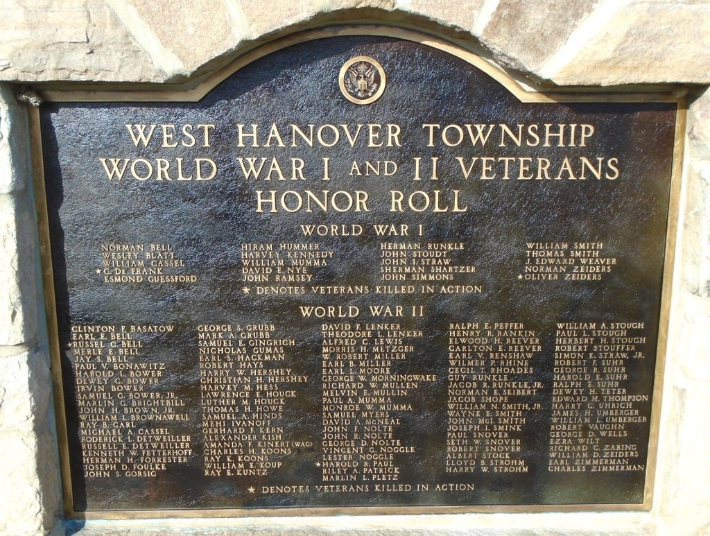 WEST HANOVER TOWNSHIP WORLD WAR I AND II VETERANS HONOR ROLL MEMORIAL PLAQUE