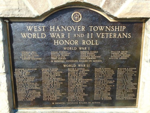 WEST HANOVER TOWNSHIP WORLD WAR I AND II VETERANS HONOR ROLL MEMORIAL PLAQUE