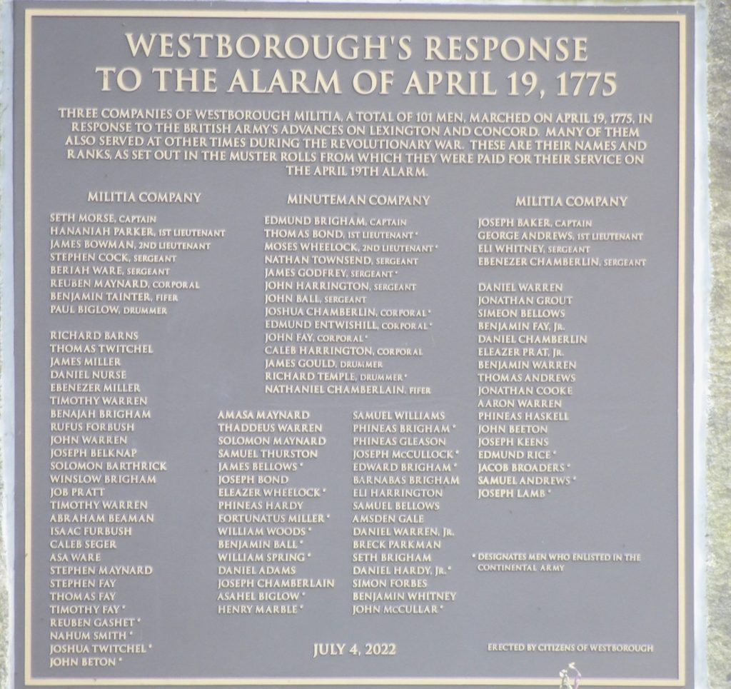 WESTBOROUGH’S RESPONSE TO THE ALARM OF APRIL 19, 1775 MEMORIAL PLAQUE
