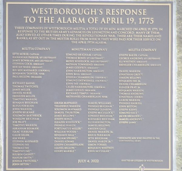 WESTBOROUGH’S RESPONSE TO THE ALARM OF APRIL 19, 1775 MEMORIAL PLAQUE