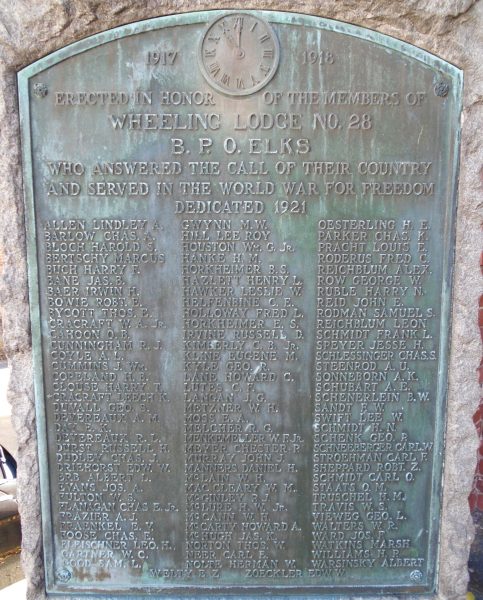 WHEELING LODGE NO. 28 B.P.O. ELKS WORLD WAR MEMORIAL PLAQUE