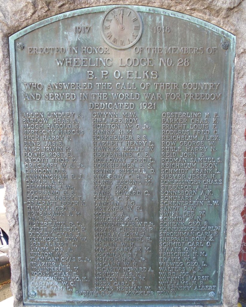 WHEELING LODGE NO. 28 B.P.O. ELKS WORLD WAR MEMORIAL PLAQUE