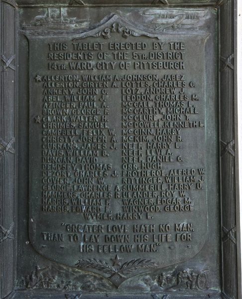 5TH DISTRICT 14TH WARD, CITY OF PITTSBURGH WORLD WAR MEMORIAL PLAQUE CLOSE-UP