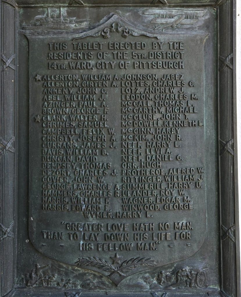 5TH DISTRICT 14TH WARD, CITY OF PITTSBURGH WORLD WAR MEMORIAL PLAQUE CLOSE-UP