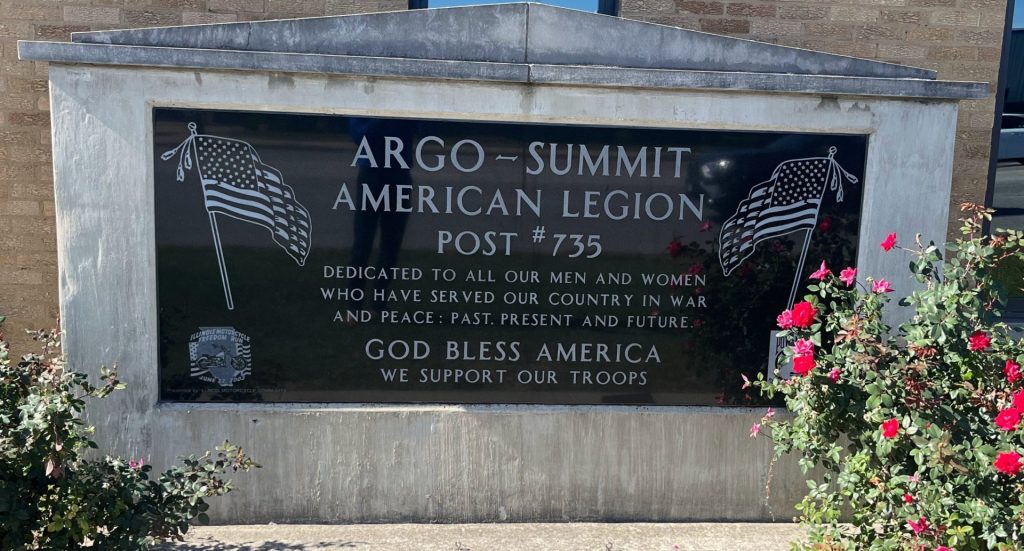 ARGO-SUMMIT AMERICAN LEGION POST 735 VETERANS MEMORIAL PLAQUE