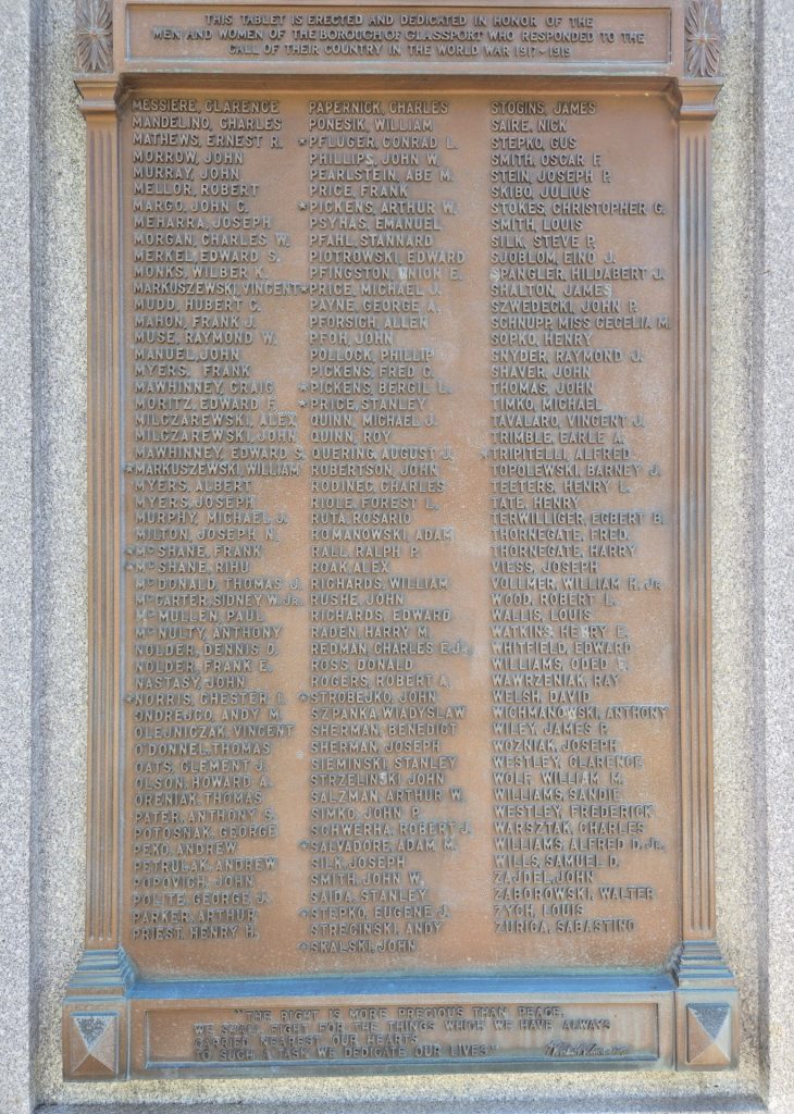 BOROUGH OF GLASSPORT WORLD WAR HONOR ROLL MEMORIAL PLAQUE B