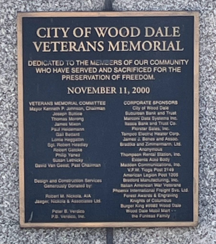 CITY OF WOOD DALE VETERANS MEMORIAL PLAQUE