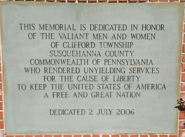 CLIFFORD TOWNSHIP VETERANS MEMORIAL STONE