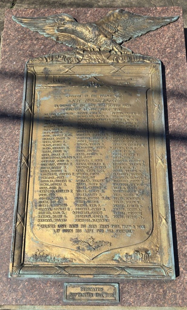 EAST MCKEESPORT WORLD WAR MEMORIAL PLAQUE