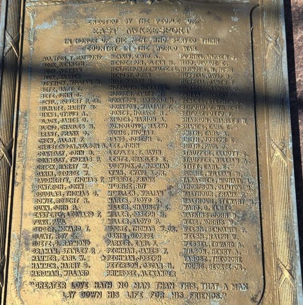 EAST MCKEESPORT WORLD WAR MEMORIAL PLAQUE CLOSE-UP