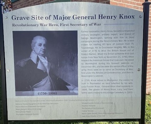 GRAVE SITE OF MAJOR GENERAL HENRY KNOX REVOLUTIONARY WAR MEMORIAL PLAQUE