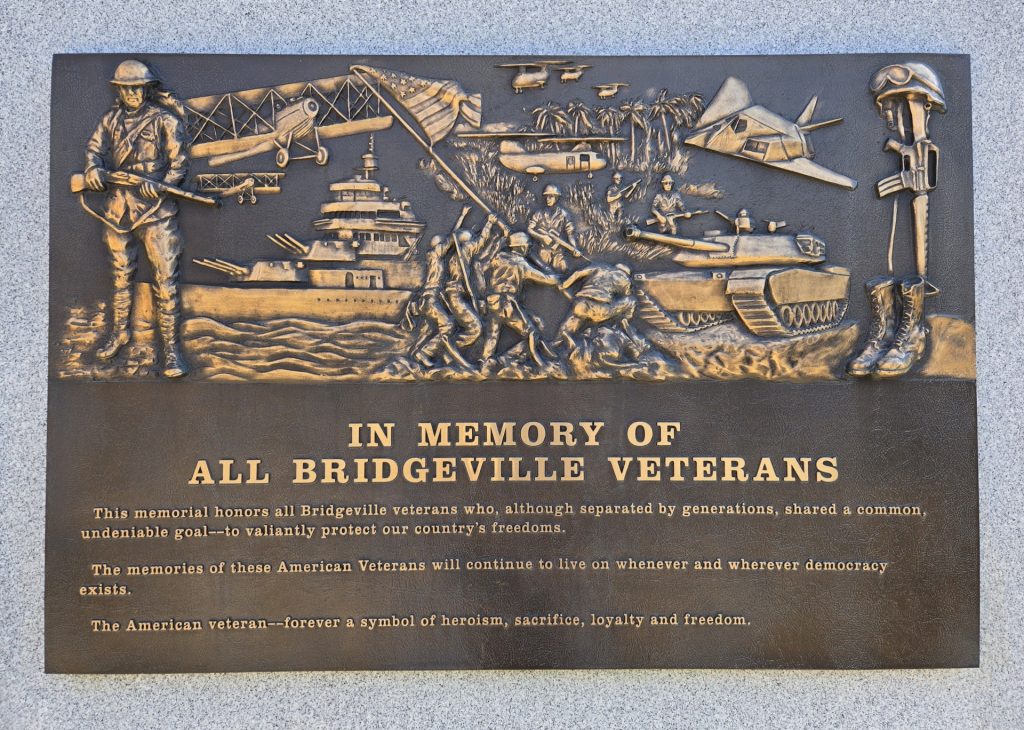 IN MEMORY OF ALL BRIDGEVILLE VETERANS WAR MEMORIAL PLAQUE A