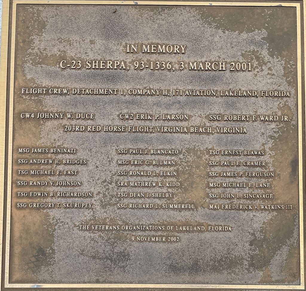 IN MEMORY OF C-23 SHERPA, 93-1336, 3 MARCH 2001 CRASH MEMORIAL PLAQUE