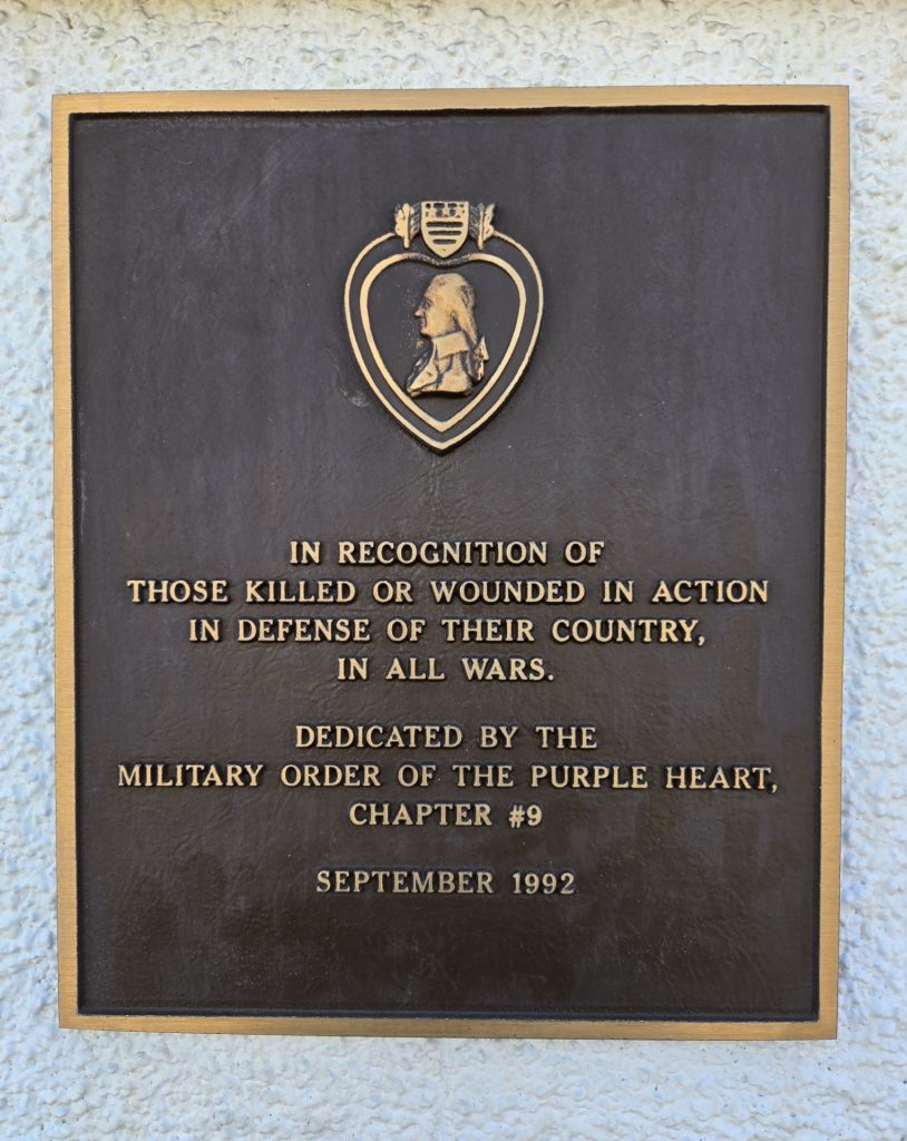MILITARY ORDER OF THE PURPLE HEART, CHAPTER #9 WAR MEMORIAL PLAQUE