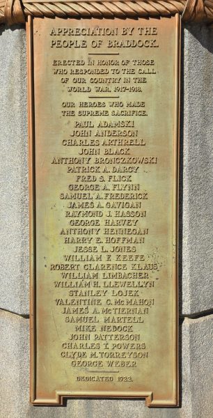 PEOPLE OF BRADDOCK “WINGED VICTORY” WORLD WAR MEMORIAL PLAQUE