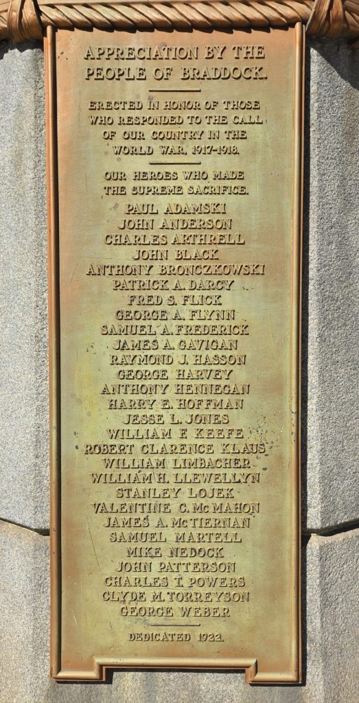 PEOPLE OF BRADDOCK “WINGED VICTORY” WORLD WAR MEMORIAL PLAQUE