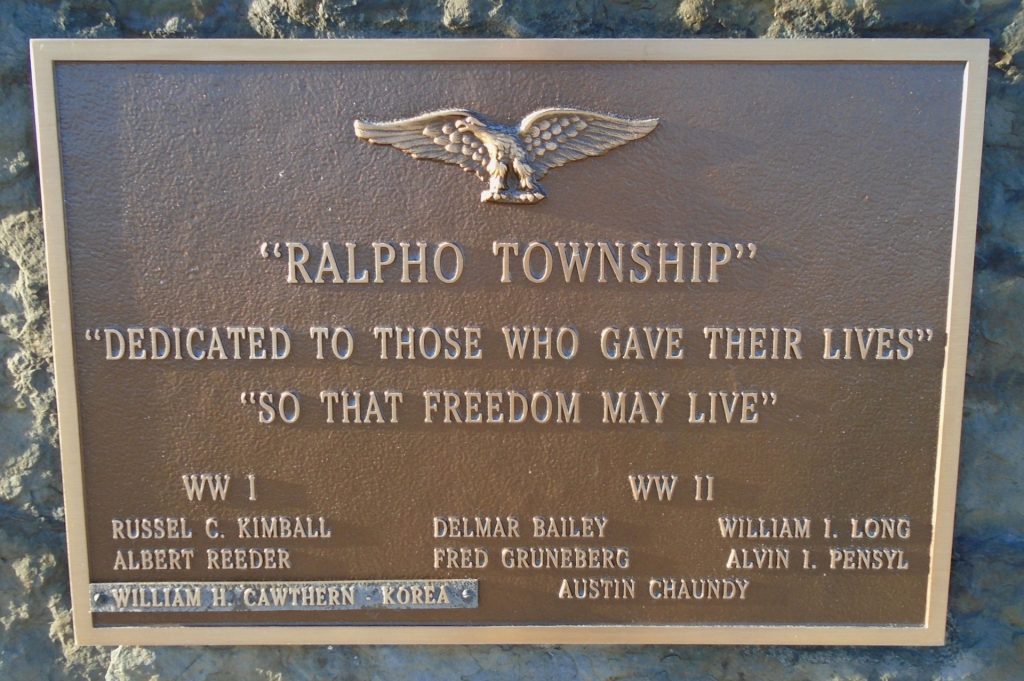 “RALPHO TOWNSHIP” WAR VETERANS MEMORIAL PLAQUE