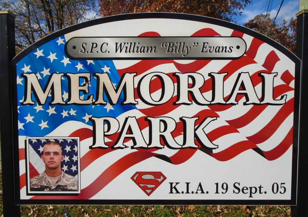 S.P.C. WILLIAM “BILLY” EVANS MEMORIAL PARK PRINTED SIGN