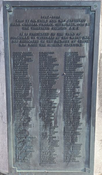 SALTVILLE WORLD WAR VETERANS MEMORIAL FIELD GUN PLAQUE