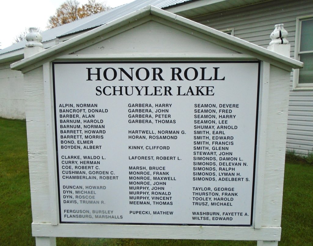SCHUYLER LAKE HONOR ROLL WAR MEMORIAL