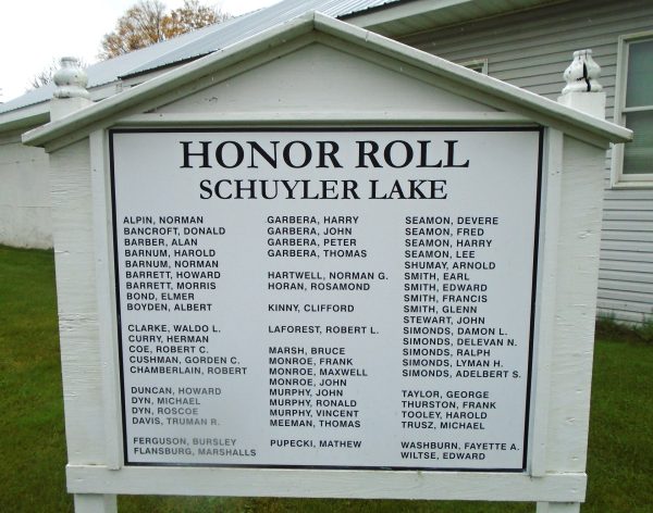 SCHUYLER LAKE HONOR ROLL WAR MEMORIAL