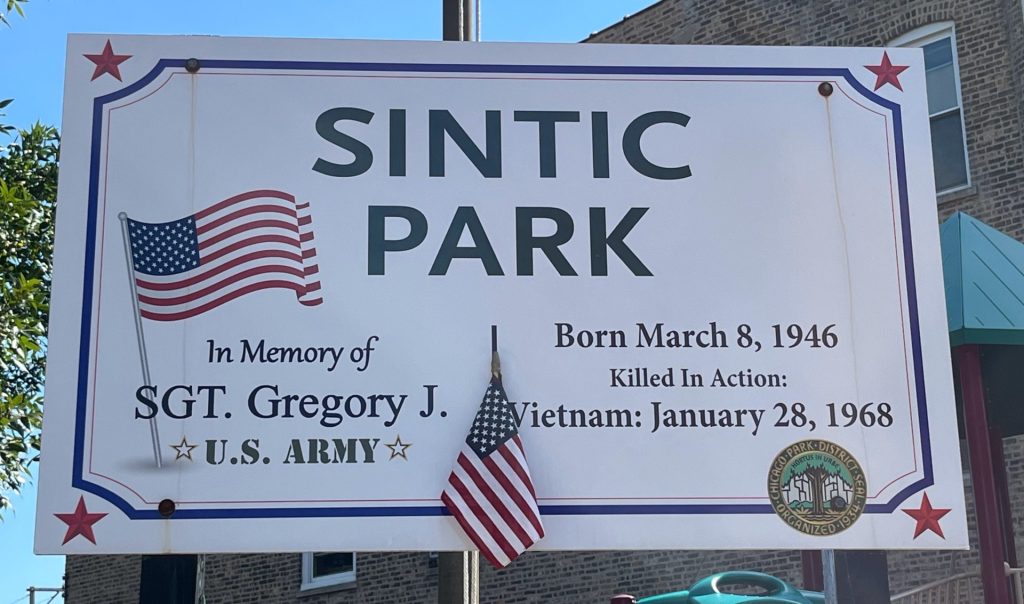 SGT. GREGORY J. SINTIC WAR MEMORIAL PARK PLAQUE