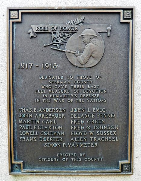 SHERMAN COUNTY WAR OF THE NATIONS ROLL OF HONOR MEMORIAL PLAQUE